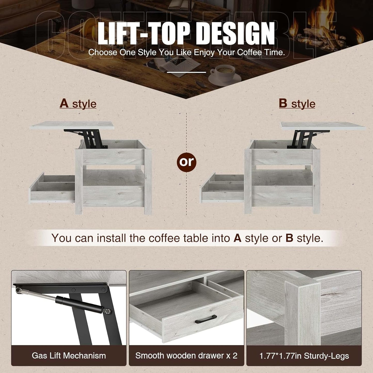 Lift Top Coffee Table with Large Hidden Storage Shelf