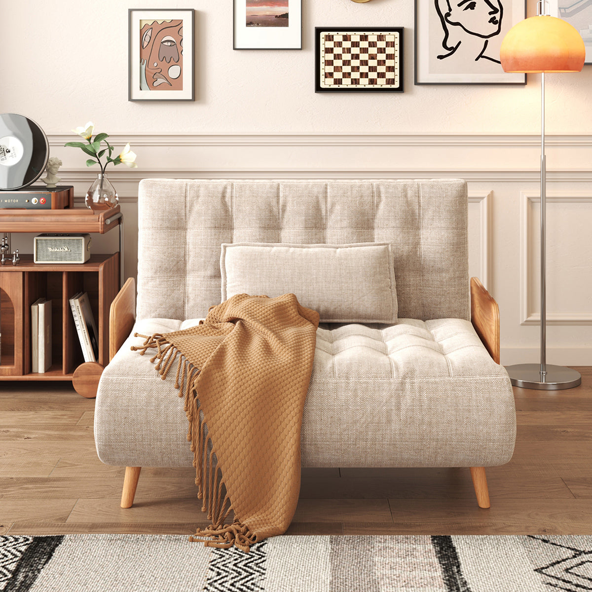 Beige Folding Sofa Bed Convertible Cotton & Linen
