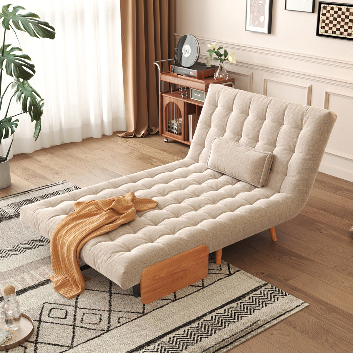 Beige Folding Sofa Bed Convertible Cotton & Linen