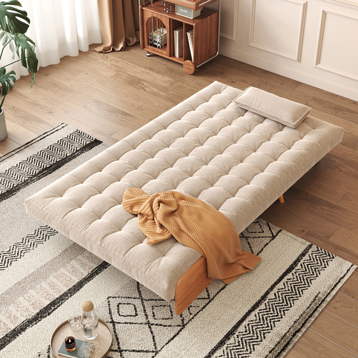 Beige Folding Sofa Bed Convertible Cotton & Linen