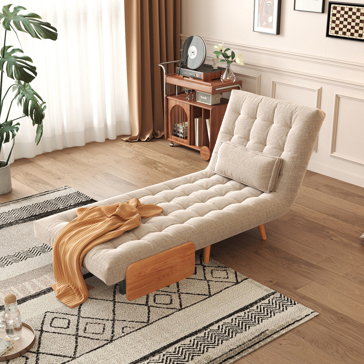Beige Folding Sofa Bed Convertible Cotton & Linen