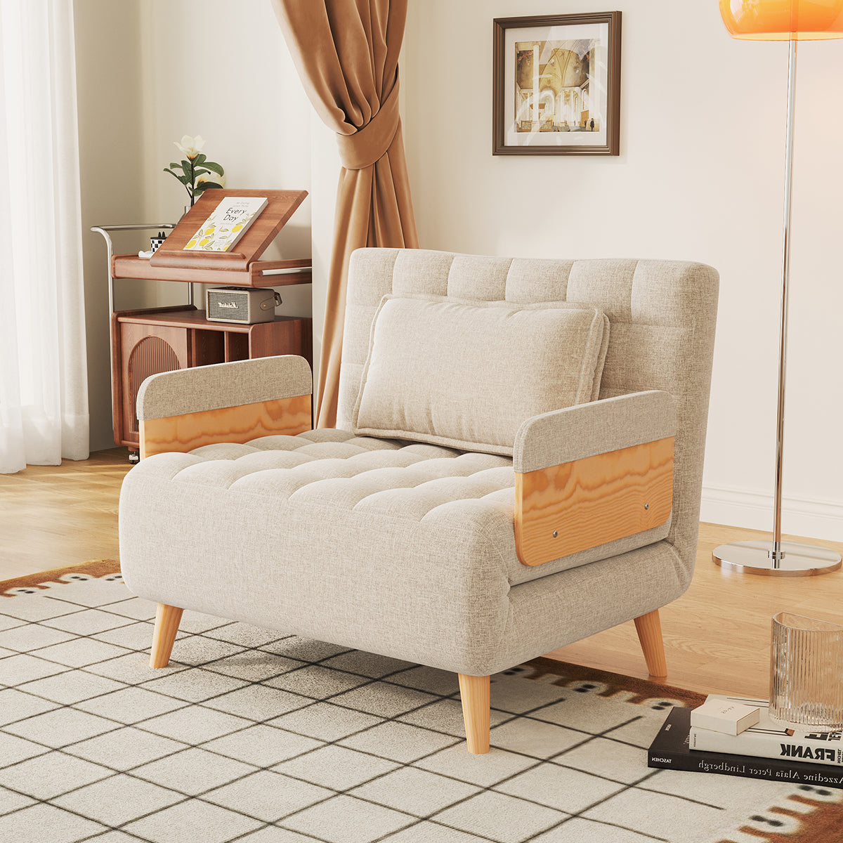 Beige Folding Sofa Bed Convertible Cotton & Linen