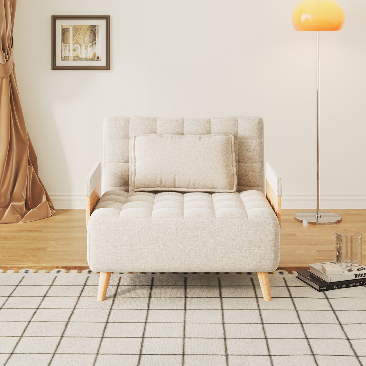 Beige Folding Sofa Bed Convertible Cotton & Linen