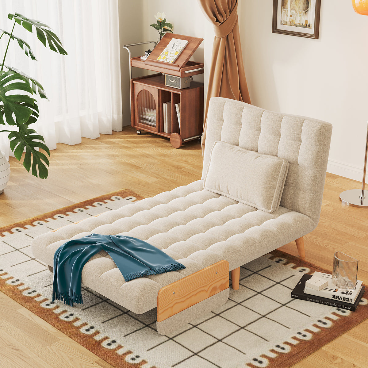 Beige Folding Sofa Bed Convertible Cotton & Linen