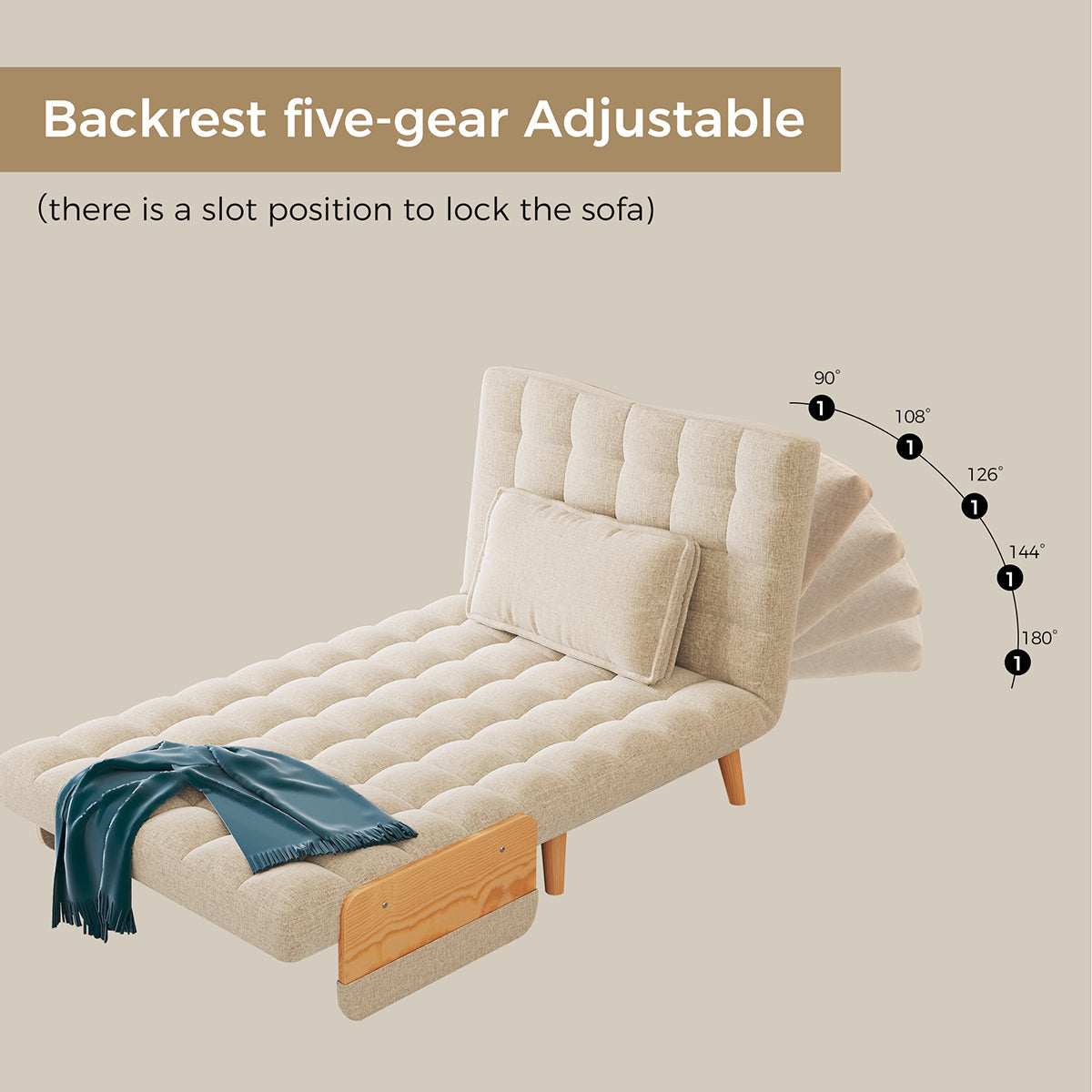 Beige Folding Sofa Bed Convertible Cotton & Linen