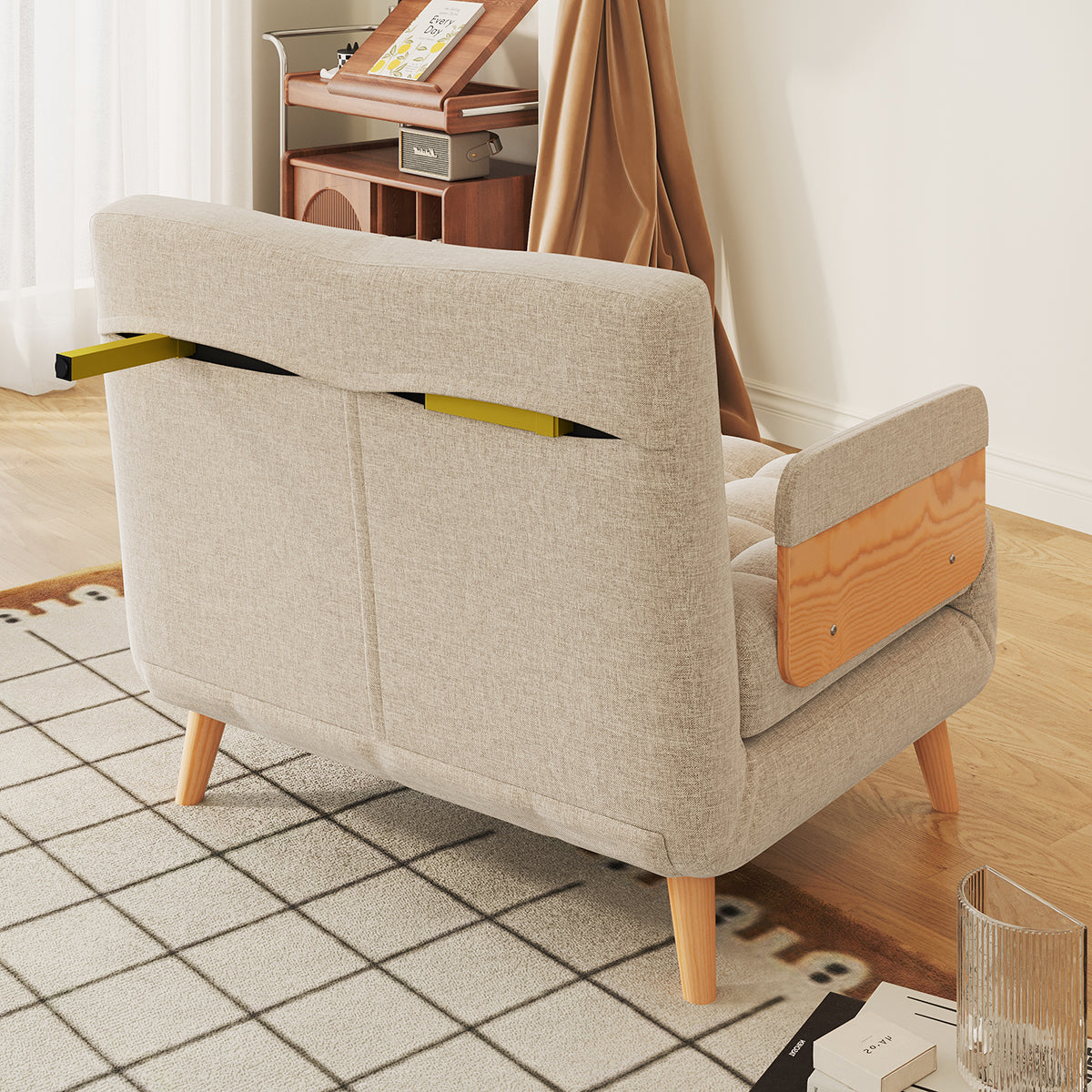 Beige Folding Sofa Bed Convertible Cotton & Linen