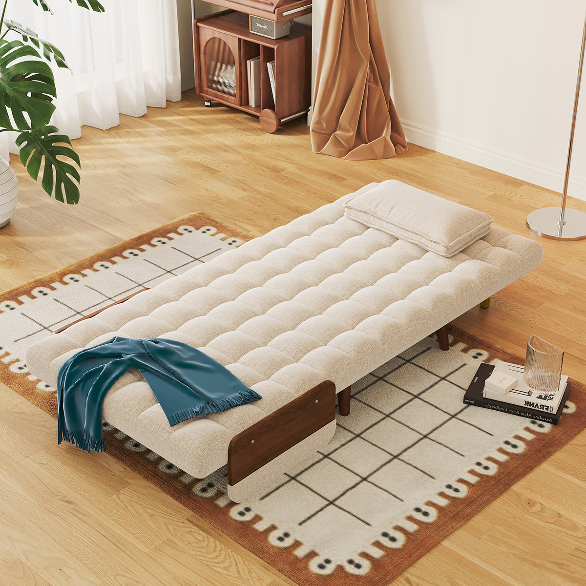 Beige Folding Sofa Bed Convertible Cotton & Linen