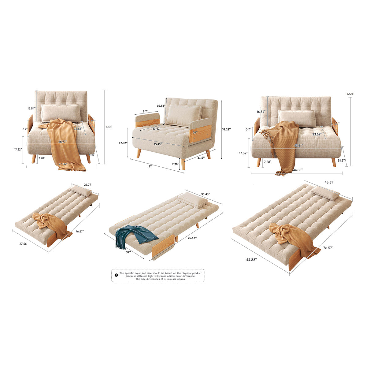 Beige Folding Sofa Bed Convertible Cotton & Linen