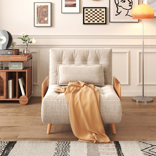 Beige Folding Sofa Bed Convertible Cotton & Linen