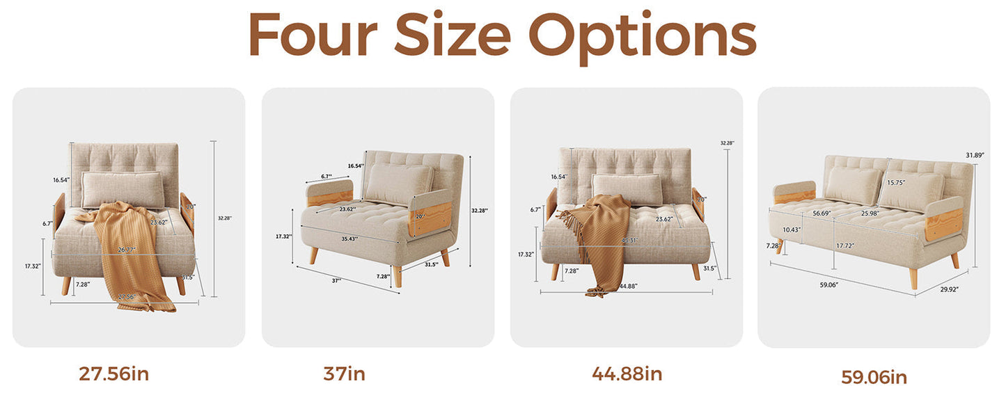Beige Folding Sofa Bed Convertible Cotton & Linen